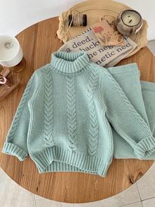 SHEIN Young Girl Cable Pattern Turtleneck Long Sleeve Sweater And Knitted Pants Casual Set, Autumn/Winter Fall - Green - View 6