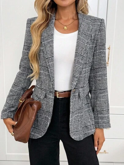 SHEIN LUNE Women's Casual Plaid Blazer, Autumn/Winter Women's Tailored Blazer Fall Clothes For Women Fall Winter Clothes Winter Clothes For Women Fall Clothes Autumn Clothes Business Casual For Women Check Plaid Chic Women's Jacket  Chic Blazer Women  Women's Winter Jacket