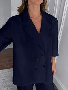 EURMUSE Bộ vest nữ màu vàng bơ cỡ lớn thường ngày - Màu xanh hải quân - Xem 7