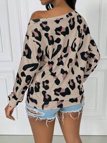 INAWLY Sweatshirt Longgar Bahu Miring Motif Leopard Kasual Wanita untuk Sehari-hari, Musim Gugur - Khaki - View 2