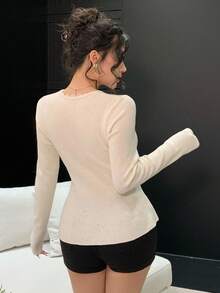 DAZY Women's Elegant Commuter Solid Color Lace Trim Waist Sweater Fall - White - View 2