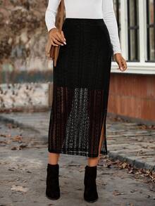 EMERY ROSE Chân váy ren xẻ tà màu trơn thanh lịch dành cho nữ khi đi làm - màu đen - Xem 5