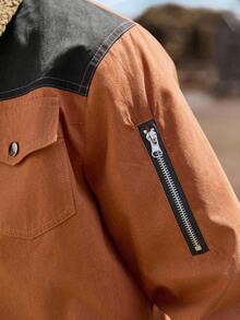 Manfinity Nomadique Men's Contrast Color Sherpa Collar Zip Front Casual Jacket Men Jackets Casual Men Bomber Jacket , Fall - Brown - View 4