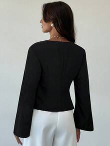 Aloruh New Stylish Commuter Waist Ruched Asymmetric Hem Long Flare Sleeve V-Neck Pullover Blouse Black Tops