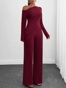 SHEIN Cottnline مجموعة قطعتين كاجوال غير متماثلة للنساء باللون البرغندي - عنابي اللون - مشاهدة 3