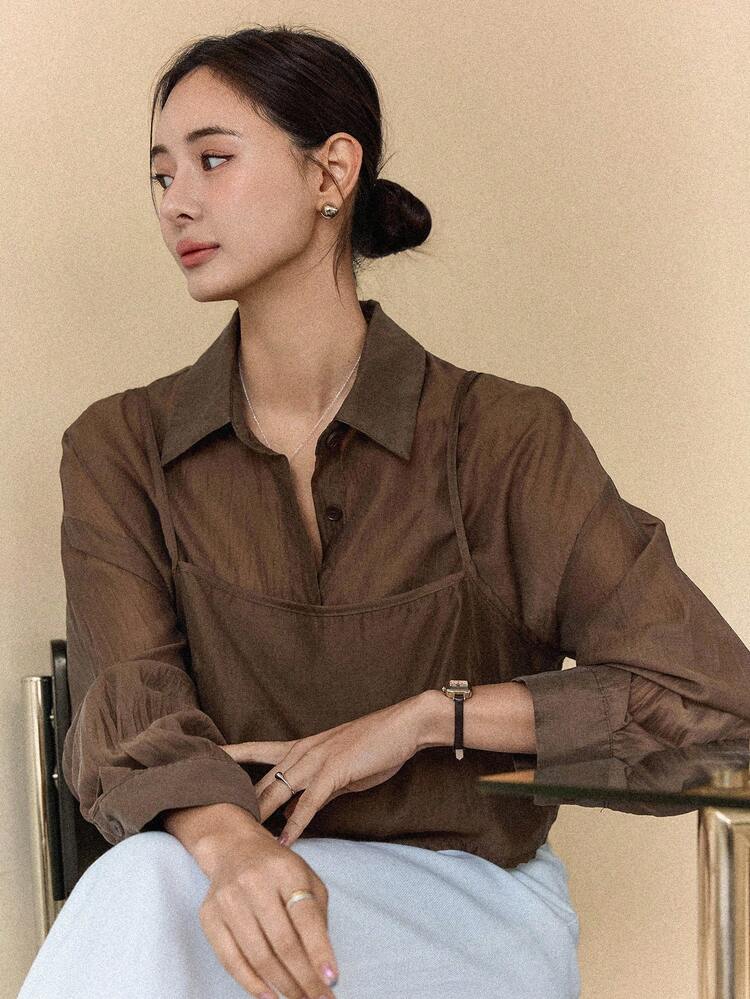 2pcs/Set Women Casual Loose Brown Teacher Style Shirt Set, Autumn/Winter