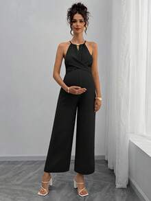 Momance 孕妇木珠吊带蝴蝶结连体裤 - 黑色 - 查看 3