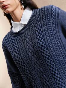 Easelle 纯色休闲百搭圆领长袖女式毛衣 - 霧霾藍 - 查看 6