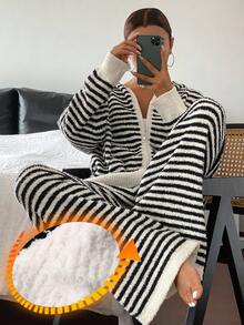 DAZY 2件套女士条纹连帽宽松针织长袖上衣和裤子睡衣套装，秋冬季休闲家居服，秋季服装，舒适保暖内衬，蓬松柔软 - 彩色 - 查看 1