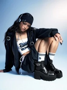 Sugerpunk Giày bốt cao gót đế vuông phong cách Gothic, khóa kim loại, đế PU màu đen, thích hợp cho tiệc tùng, mặc hàng ngày, mặc váy dạ hội, tăng chiều cao và kéo dài chân - màu đen - Xem 9