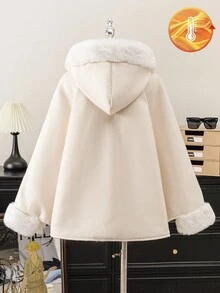 少女秋冬款温暖可爱的连帽斗篷羊毛大衣 - 白色 - 查看 2