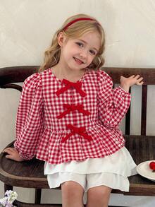 LMoss Kids 女童 LMoss 编织条纹泡泡袖休闲衬衫，红色衬衫，圣诞节，长袖上衣 - 紅白色 - 查看 6