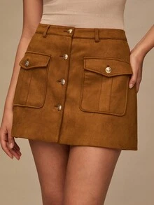 Enchnt Women's Brown And Gold Single-Breasted Cargo Pocket Mini Skirt,Elegant Fashionable Autumn Fall Clothes For Daily Commute,Date,Holiday,Office& - Brown - View 1