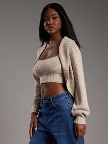 NYA SZN Women's Beige Autumn Casual Lounge Long Sleeve Bolero Cardigan Over Sleeveless Knit Crop Top,Fitted Bodycon Oversized Everyday Business Office Outfit - Apricot - View 6