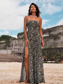 Opulessa Robe moulante en maille tricotée à imprimé léopard fendu pour femmes