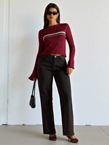 SHEIN BAE 女式简约常规喇叭袖圆领毛衣上衣 - 酒紅色 - 查看 5