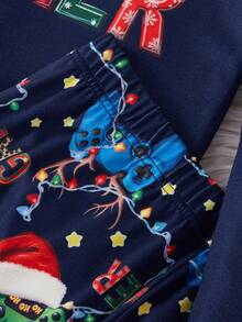 SHEIN 1 Bộ áo thun dài tay cổ tròn màu đỏ tía mừng Giáng sinh cho bé trai kèm mũ ông già Noel và cây thông Noel, quần ngủ bó màu xanh navy kèm mũ ông già Noel, cây thông Noel và dòng chữ "CHRISTMAS GAMER", quà tặng Giáng sinh - Nhiều màu - Xem 6