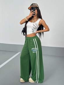 Flirla In thư Khối màu Sọc Giải trí quần ống rộng Quần Chạy bộ - Màu xanh lá cây đậm - Xem 5