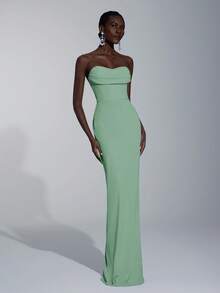 Elitara Elegant Minimalist Split Bandeau Plunging Neckline Fitted Maxi Slit Back Bridesmaid Dress - Mint Green - View 4
