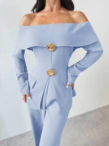 Firerie 2pcs Women Elegant Cold Shoulder Long Sleeve Top And Pants Set, Suitable For Commuting In Fall/Winter - Baby Blue - View 5