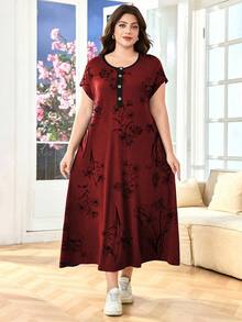 SHEIN Lacomfia Đầm họa tiết hoa giản dị cỡ lớn trang trí nút cho nữ - Đỏ - Xem 1