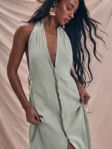 MUSERA 露背吊带深V细节超大露背长裙 春夏吊带裙 度假沙滩装 优雅罩衫 可爱性感度假 伊比沙岛 波西米亚风 婚礼宾客之夜 优雅约会之夜 秋冬夏装 - 綠色 - 查看 11