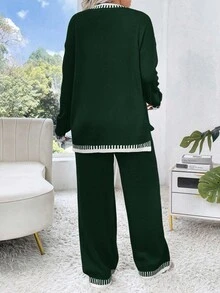 Elenzga 大码杏色和白色撞色休闲宽松圆领长袖毛衣上衣和阔腿裤套装，秋冬 - 墨綠色 - 查看 3