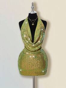 SHEIN ICON 女式性感火辣千禧风格 Y2K 现代时尚个性前卫复古晚会宴会夜总会装摆领露背绿色亮片修身迷你连衣裙 - 綠色 - 查看 3