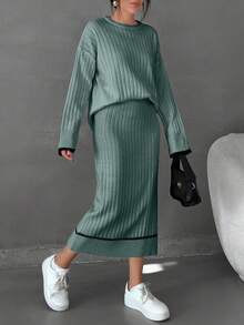 EURMUSE Damen gestreifter detaillierter Pullover und langer Rock Set Co-Ords - Minzgrün - Übersicht 5