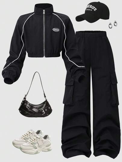 Sparklyn 2 件套女童超大落肩字母装饰短款上衣夹克和宽松阔腿工装裤套装，街头酷炫套装，秋季