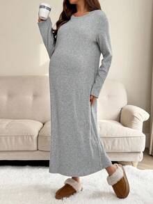 SHEIN Đầm thun trơn cổ tròn tay dài dáng rộng thoải mái cho bà bầu - Xám - Xem 6