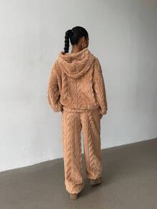 SHEIN Glowzi 少女 2 件套 温暖纹理羊毛宽松休闲连帽衫和运动裤套装，秋季 - 卡其色 - 查看 2