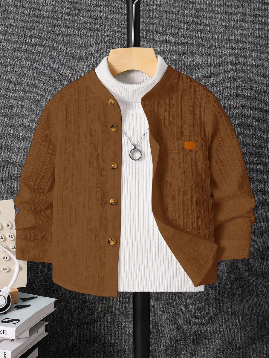 SHEIN 儿童/年轻男孩休闲韩版多口袋纯色梭织白色长袖衬衫,适合学校、花园、海滩、生日、春季、夏季、秋季、冬季学校准备白衬衫长袖上衣白色上衣可爱上衣少女衬衫男童服装长袖儿童服装 Y2k 上衣 - 棕色 - 查看 1