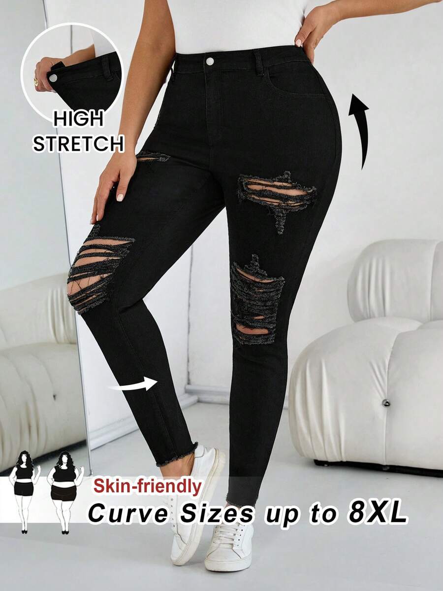 SHEIN CURVE+ Jeans déchirés stretch Y2K noir pour femmes, automne et hiver. Tenues complètes pour femmes, costumes d'Halloween, style campagnard pour femmes, automne chic