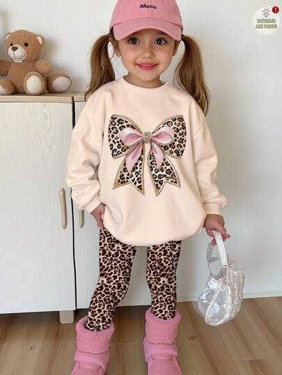 SHEIN Happikins 2pcs/Set Young Girl Casual Cute Vintage Leopard Print Bow Pattern Crew Neck Long Sleeve Sweatshirt And Leggings, Suitable For Autumn/Winter Fall Kids Cheetah Set Girls Leopard Outfit Kids Leopard Print Outfit Bow Outfit Girls Girls Cheetah Set