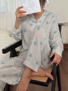 SHEIN 星条印花翻领长袖女士睡衣套装，秋季服装 - 藍色 - 查看 6