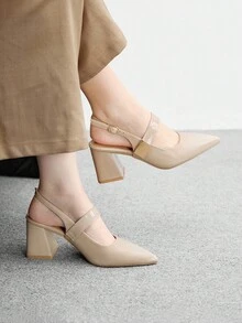 CUCCOO BIZCHIC Women's Fashion Apricot Color Metal Buckle Decor Chunky Heels Pumps, Classic Minimalist Design For Commuting, Dating, Party, Holiday, Wedding For Christmas