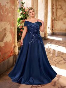 SHEIN Belle Váy maxi trễ vai thêu sequin satin màu sâm panh sang trọng lãng mạn cỡ lớn mùa hè, thích hợp cho tiệc tối, hẹn hò, vũ hội, tốt nghiệp, sự kiện đám cưới (trang trí đậm) - Màu xanh hải quân - Xem 4