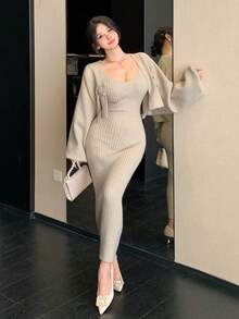 DAZY Bộ đồ 2 món thanh lịch, áo len tay cánh dơi cài nút cho nữ, màu trơn, mùa thu - Màu be - Xem 7