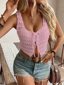 EMERY ROSE Women's Dusty Pink Solid Color Hollow Design Front Tie Sleeveless Knit Top,Summer Boho Vacation Holiday Crochet Crop Top - Baby Pink - View 3