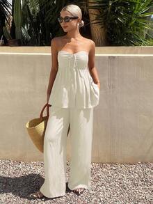 DAZY Women's Solid Color Knotted Ruched Babydoll Tube Top & Wide Leg Pants 2 Pieces Set, Spring/Summer - Beige - View 2