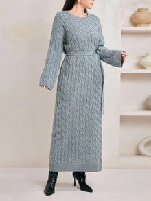 Veilorie 女式休闲纯色长袖圆领毛衣裙 - 深灰色 - 查看 4