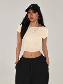 SHEIN PETITE 休闲纯色百搭短款露背T恤，适合娇小身材，夏季 - 杏色 - 查看 4