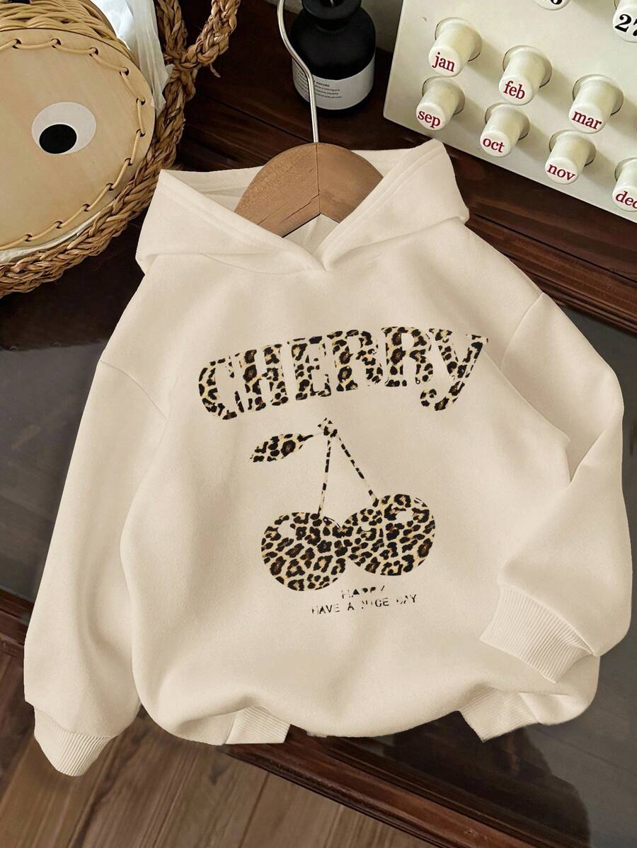 SHEIN Leap Crew Sweat-shirt à capuche épais à manches longues pour filles pré-adolescentes, imprimé vintage léopard et cerise, convient pour l'automne/l'hiver - Beige - Voir 1