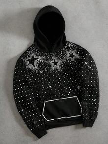 Manfinity Roghcode Men's Y2K Gothic Thermal Lined Hoodie,Black And Silver Star Rhinestone & Foil Print,Autumn,Streetwear,City Break Fall/Winter Glowmode Gift For Him - Black - View 3