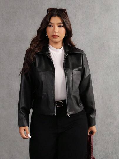 Elaquor 大码女式休闲简约都市时尚学院风百搭百搭黑色 PU 宽松拉链领夹克，秋冬