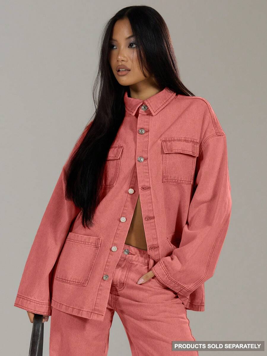 MUSERA Washed Denim Pocket Jacket Summer Casual Cute Y2k Ibiza Western Concert Streetwear Country Cowgirl Fall Autumn Winter Nashville Work Office  Chic - Orange - View 1