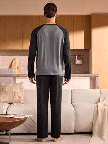 Manfinity Underwear&Sleepwear Basics Plus Size Men's Contrast Color Patchwork Pajama Set (Top And Pants), Fall Clothes - Black - View 2