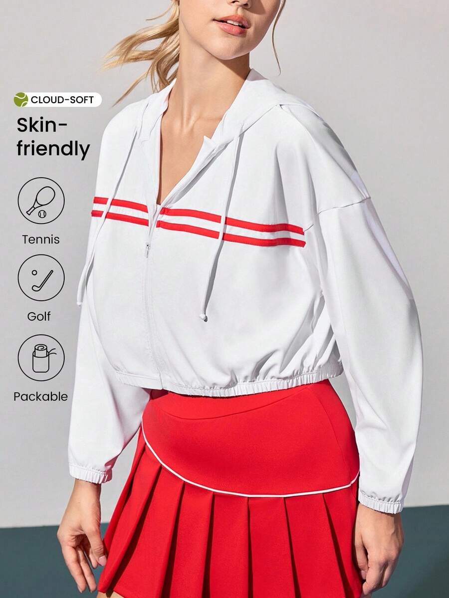 Gameset SHEIN Sport Women's Solid Color Hooded Zip-Up Sports Jacket, Casual Outdoor Tennis Workout - White - View 1