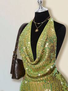 SHEIN ICON 女式性感火辣千禧风格 Y2K 现代时尚个性前卫复古晚会宴会夜总会装摆领露背绿色亮片修身迷你连衣裙 - 綠色 - 查看 5